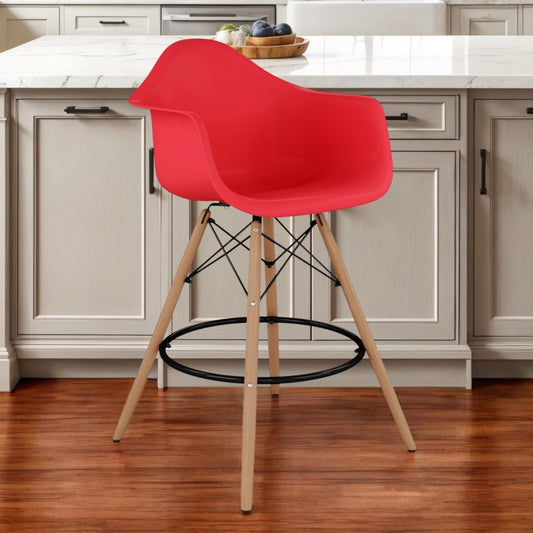 28" Red And Brown Heavy Duty Plastic And Solid Wood Low Back Counter Height Bar Chair-0