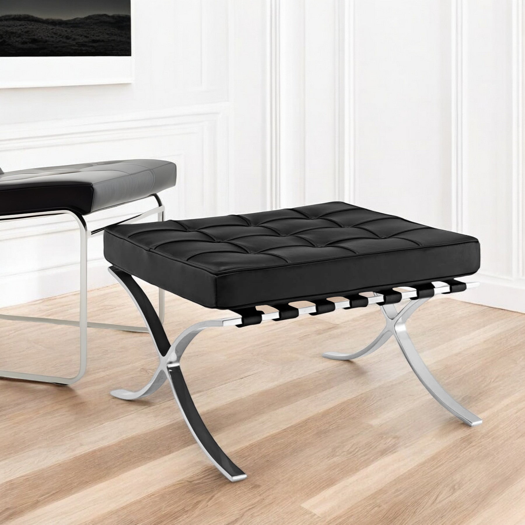 24" Black Genuine Leather and Silver Tufted Footstool Ottoman-0