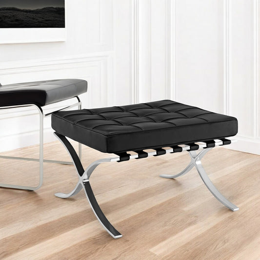 24" Black Genuine Leather and Silver Tufted Footstool Ottoman-0