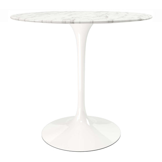 32" White Rounded Marble And Metal Pedestal Base Dining Table-0