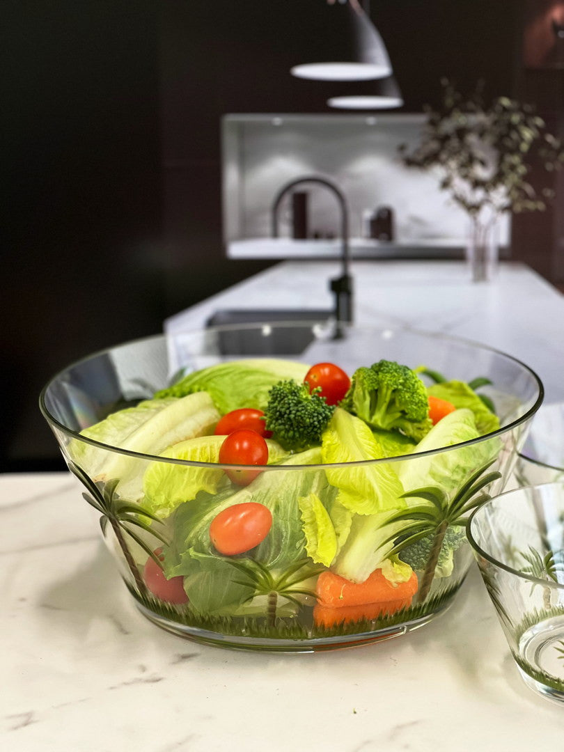 10" Clear and Green Palm Tree Acrylic Round Salad Bowl-7