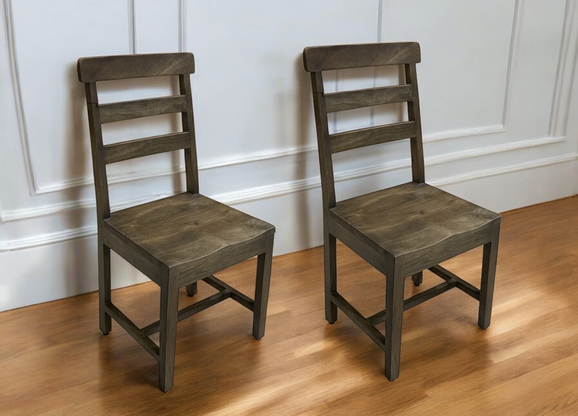 Set of Two Dark Brown Wood Ladder Back Dining Side Chairs-0