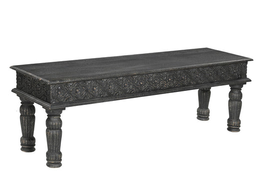58" Black Floral Distressed Solid Wood Dining Bench-1