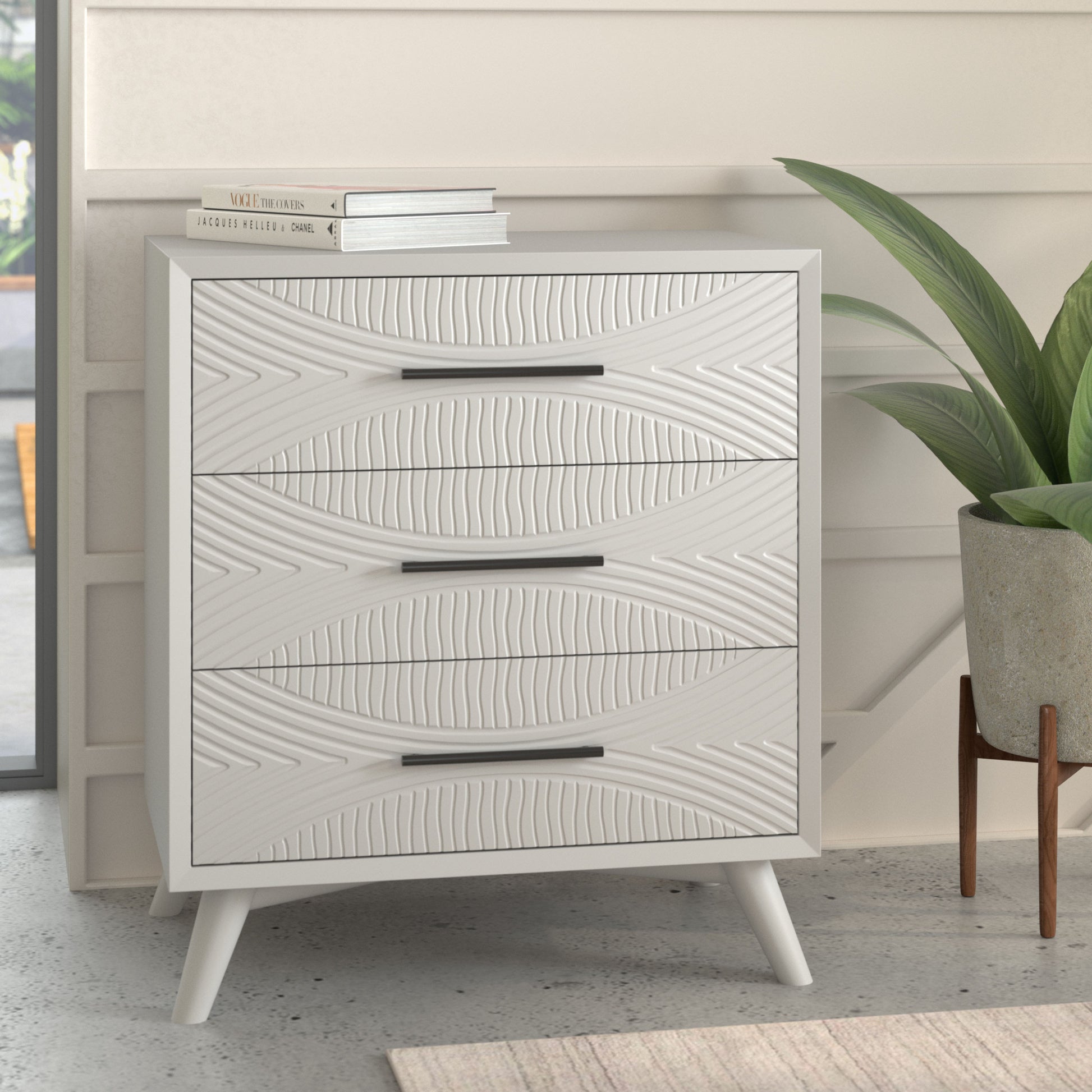 34" White Carved Geometric Solid Wood Three Drawer Dresser-4