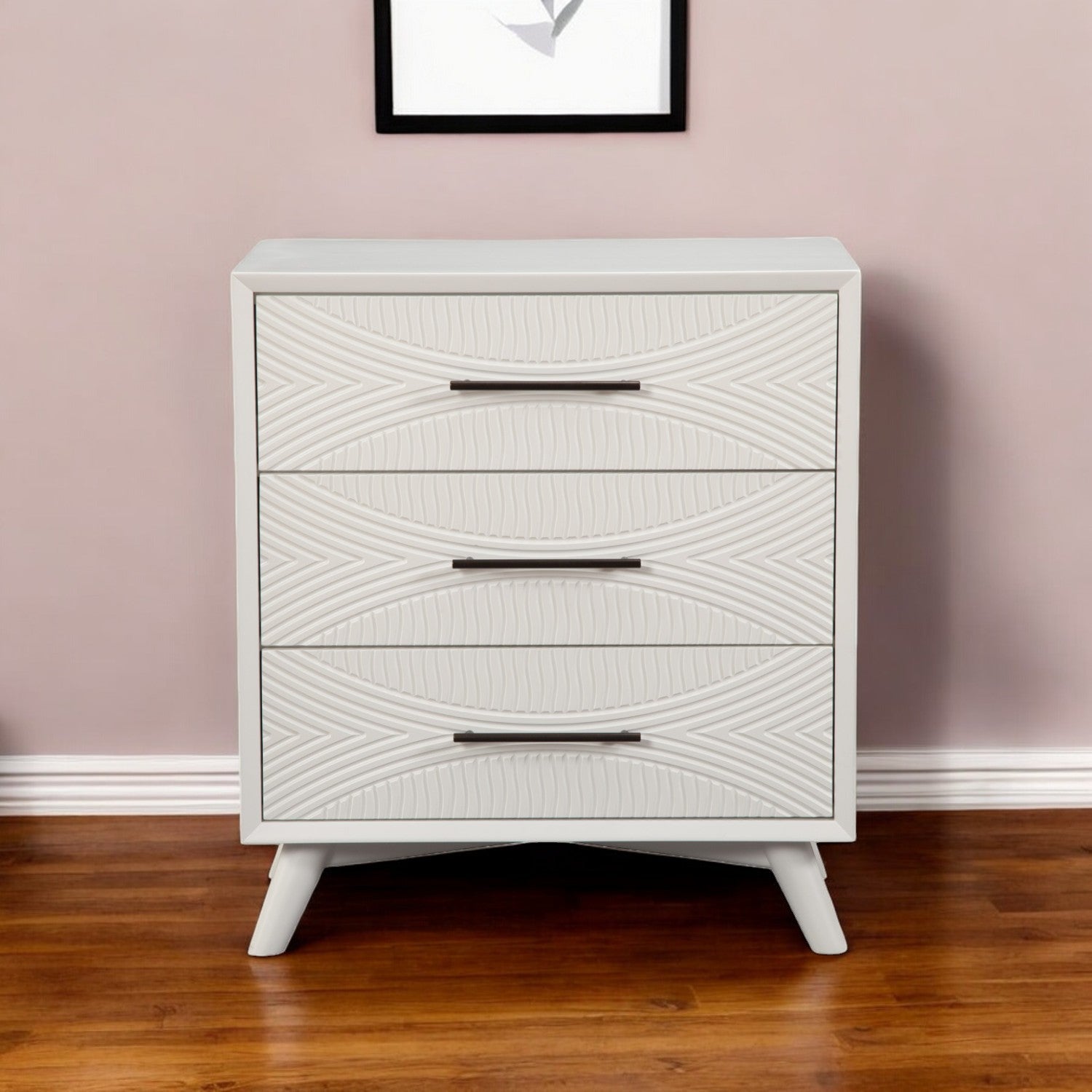 34" White Carved Geometric Solid Wood Three Drawer Dresser-0