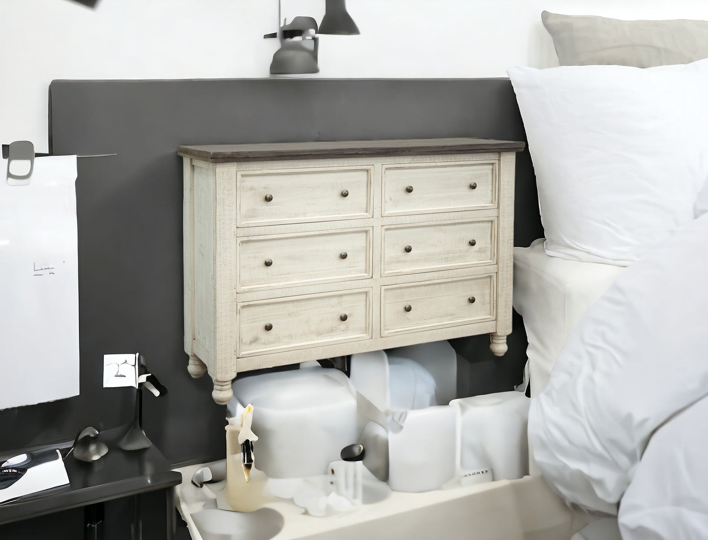 62" Gray and Ivory Solid Wood Six Drawer Double Dresser-2