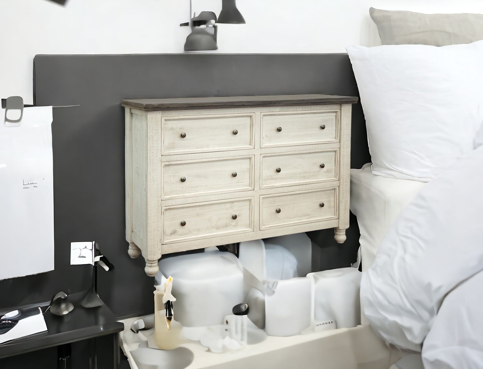 62" Gray and Ivory Solid Wood Six Drawer Double Dresser-2