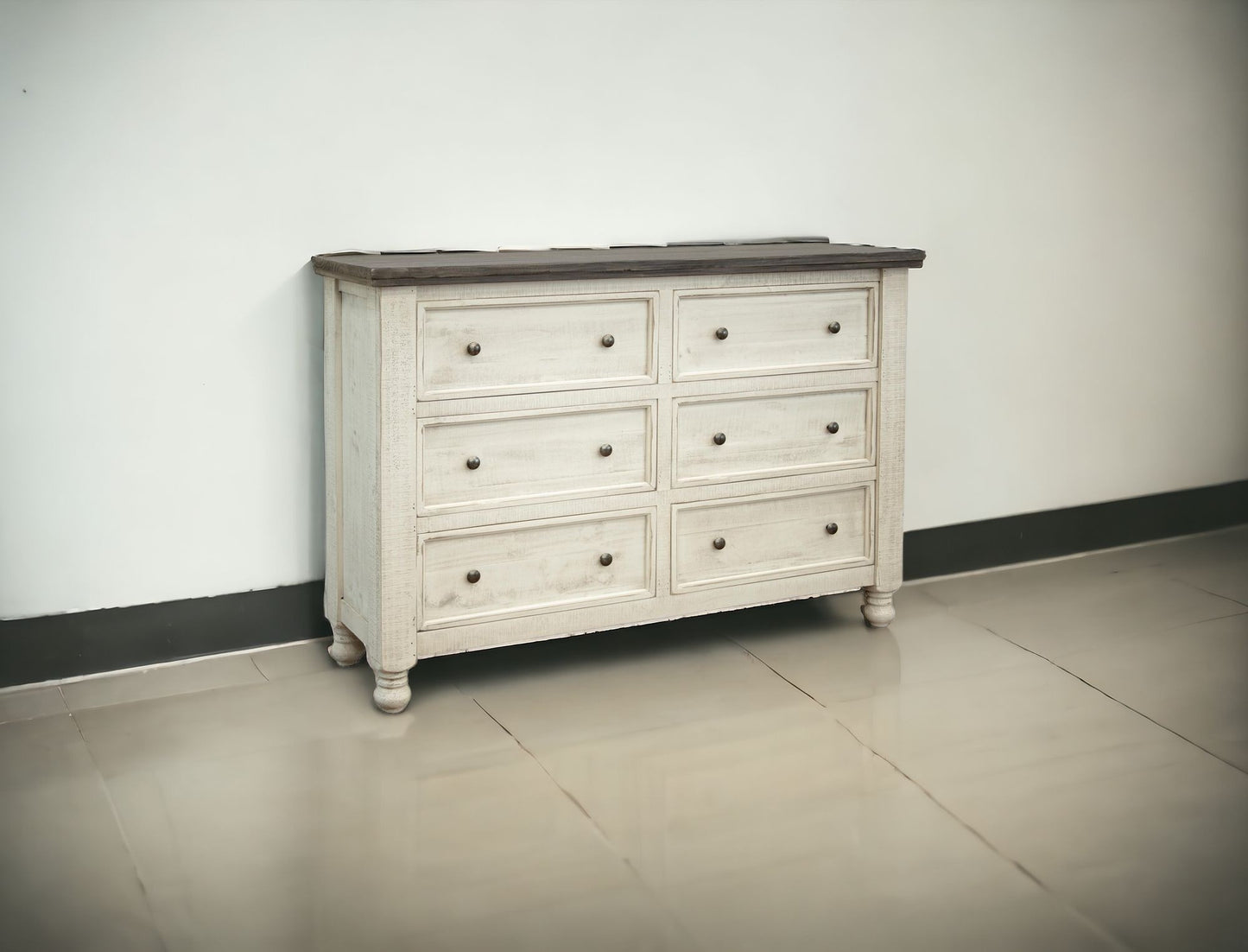 62" Gray and Ivory Solid Wood Six Drawer Double Dresser-1