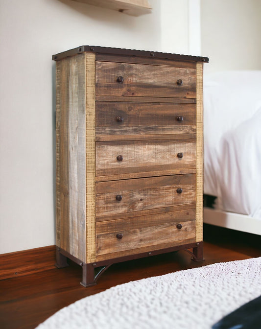36" Brown Solid Wood Five Drawer Chest-1
