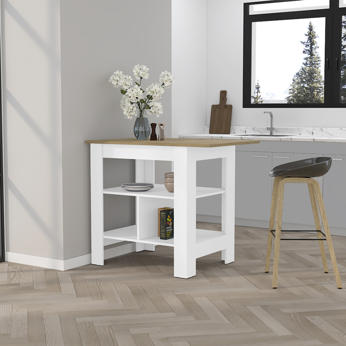 35" Natural and White Wood Kitchen Island With Storage-7