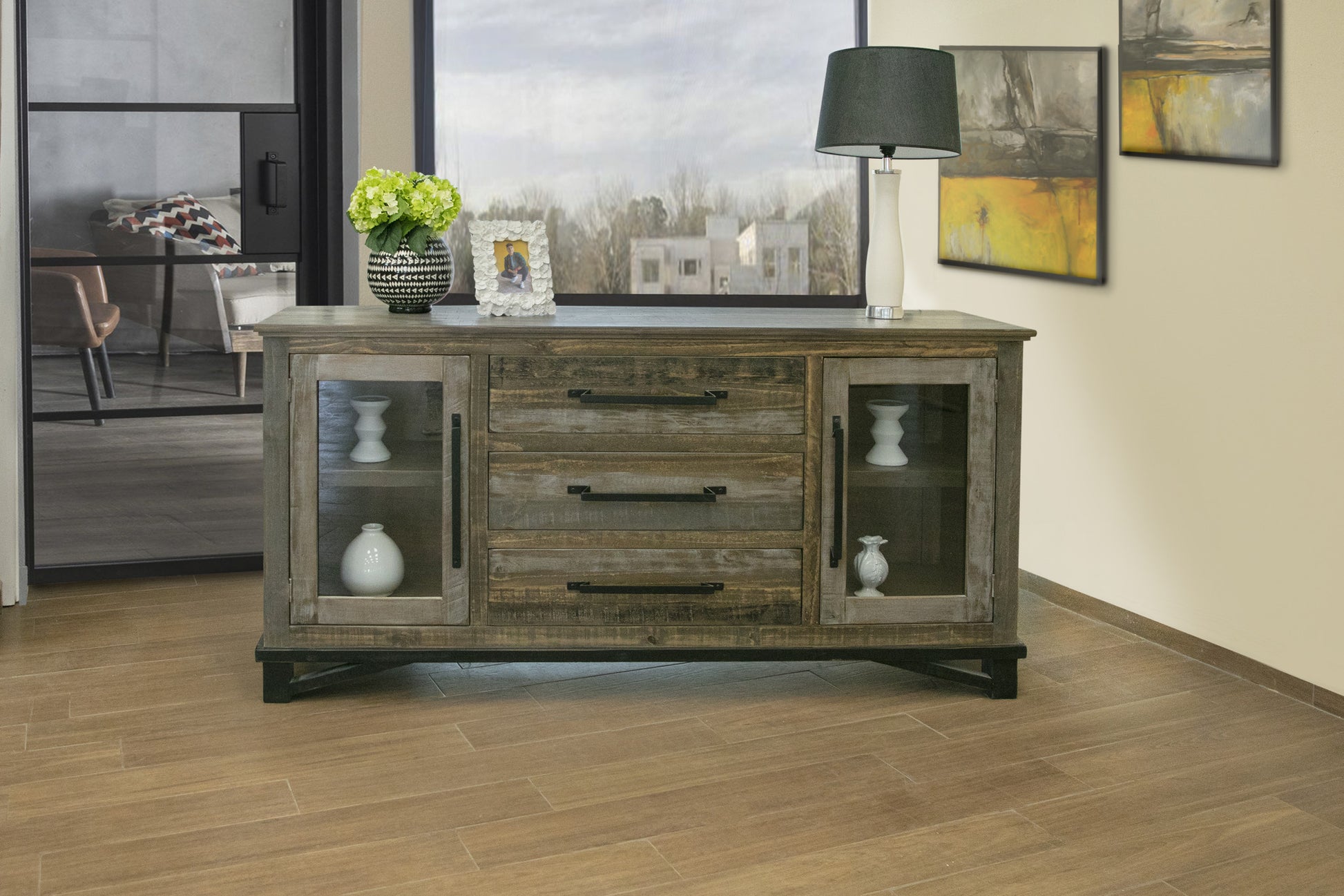 69" Brown Solid and Manufactured Wood Distressed Buffet Table-2