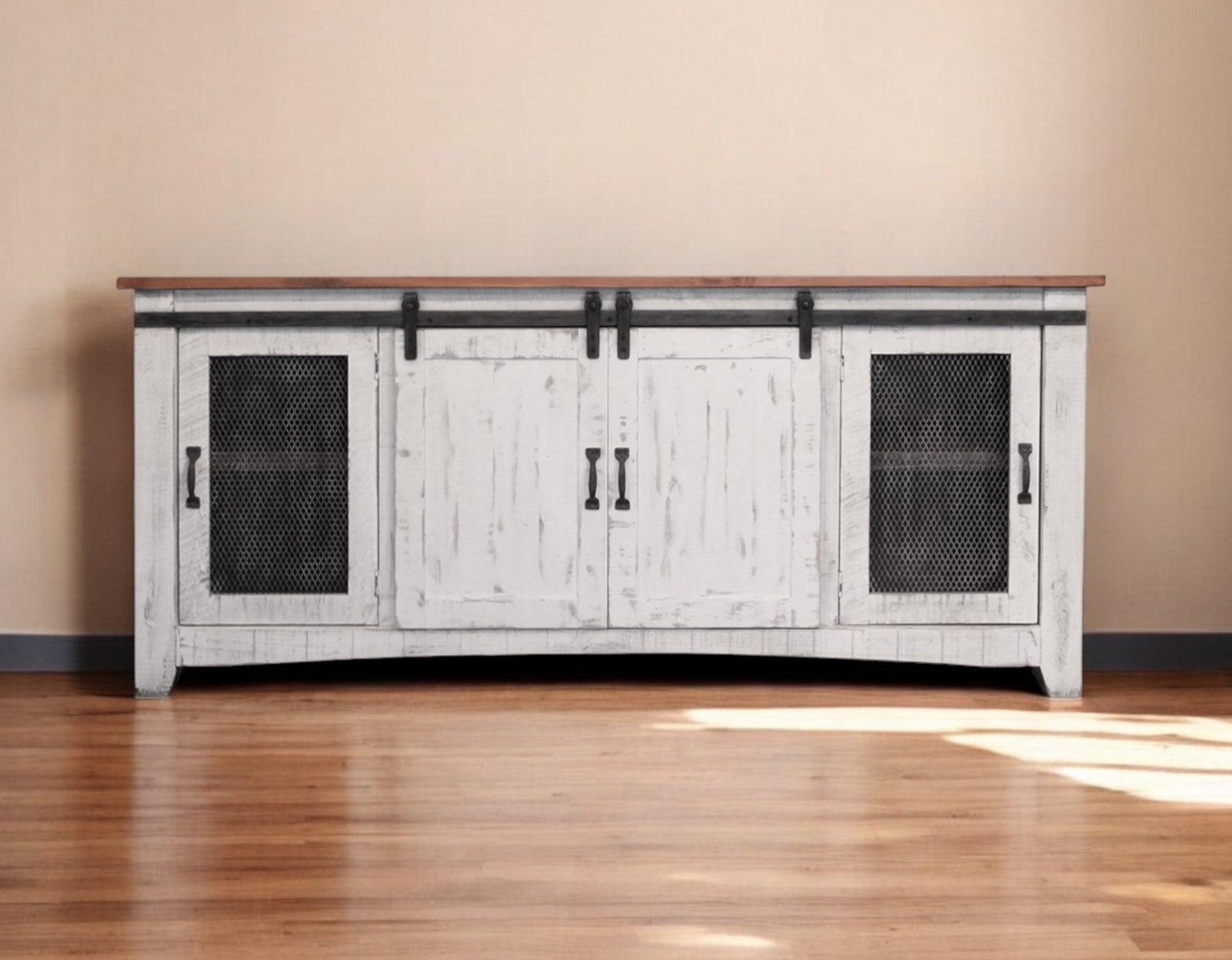 79" White Solid Wood Cabinet Enclosed Storage Distressed TV Stand-0