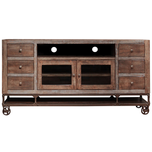 76" Brown Solid Wood Cabinet Enclosed Storage Distressed TV Stand-1