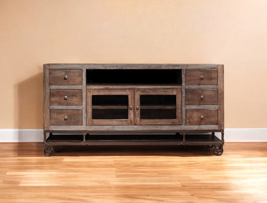 76" Brown Solid Wood Cabinet Enclosed Storage Distressed TV Stand-0