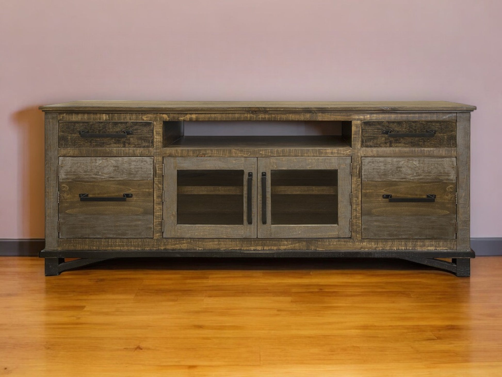 76" Brown Solid Wood Cabinet Enclosed Storage Distressed TV Stand-0