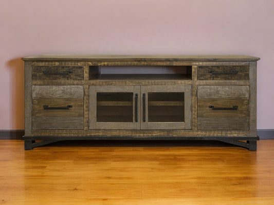 76" Brown Solid Wood Cabinet Enclosed Storage Distressed TV Stand-0