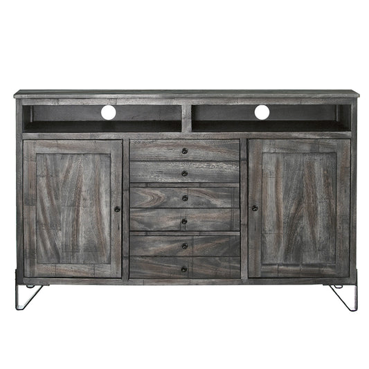 60" Gray Solid Wood Cabinet Enclosed Storage Distressed TV Stand-1