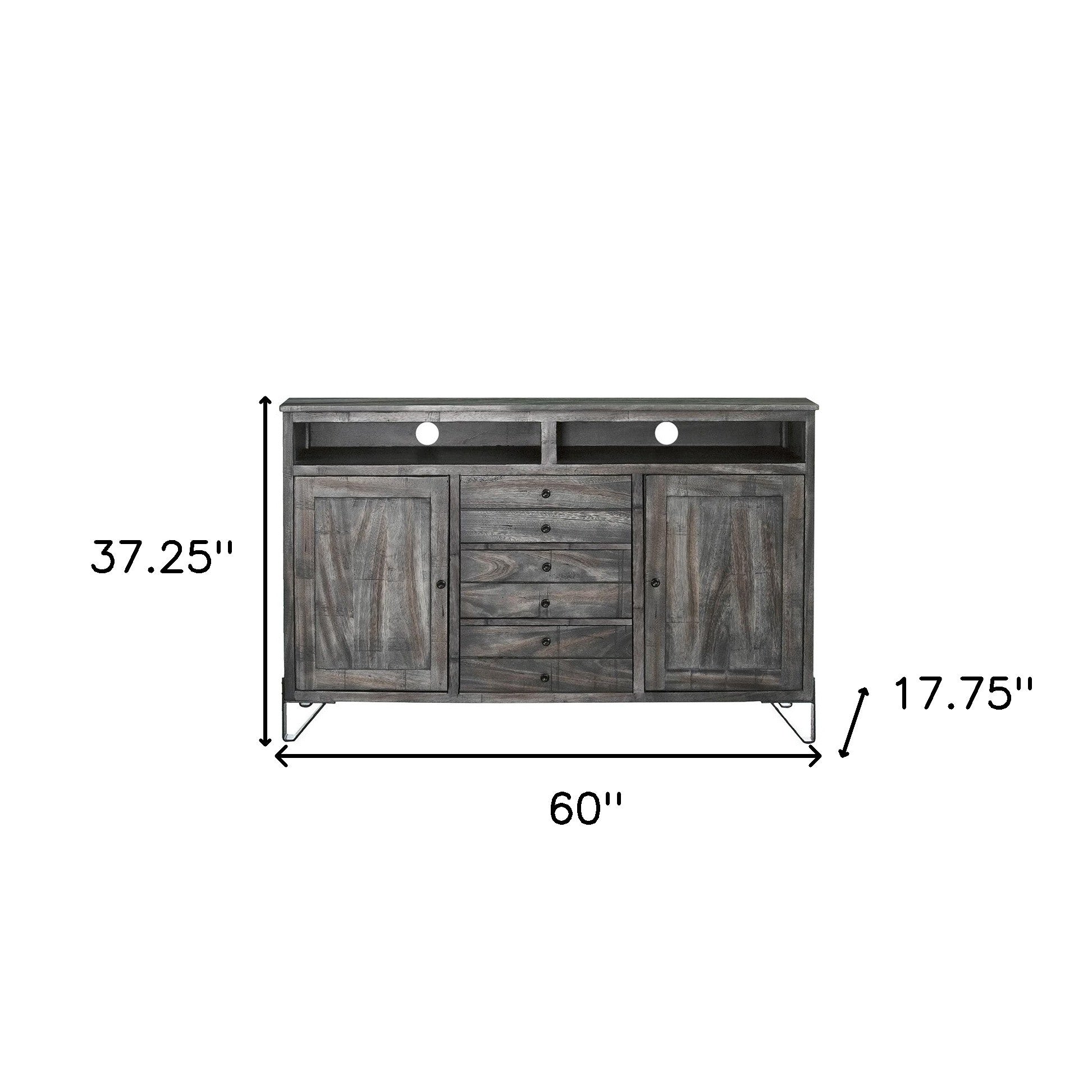 60" Gray Solid Wood Cabinet Enclosed Storage Distressed TV Stand-2