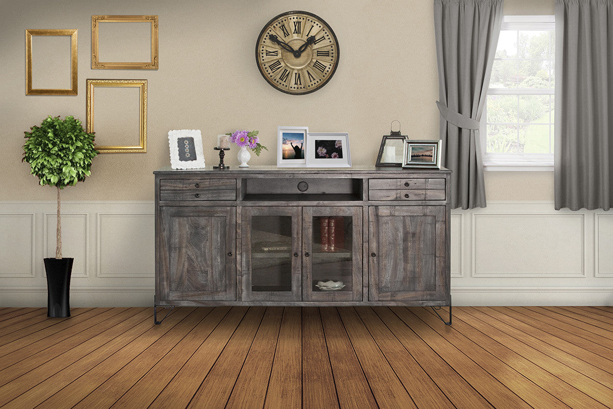 70" Gray Solid Wood Cabinet Enclosed Storage Distressed TV Stand-5