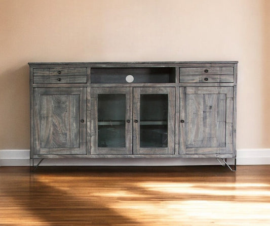 70" Gray Solid Wood Cabinet Enclosed Storage Distressed TV Stand-0