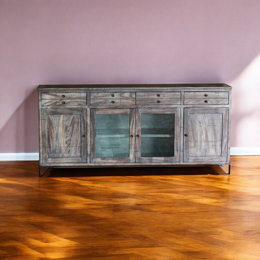 80" Gray Mango Solid Wood Enclosed Storage Distressed TV Stand-0