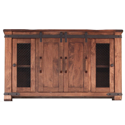 60" Brown Solid Wood Cabinet Enclosed Storage Distressed TV Stand-1