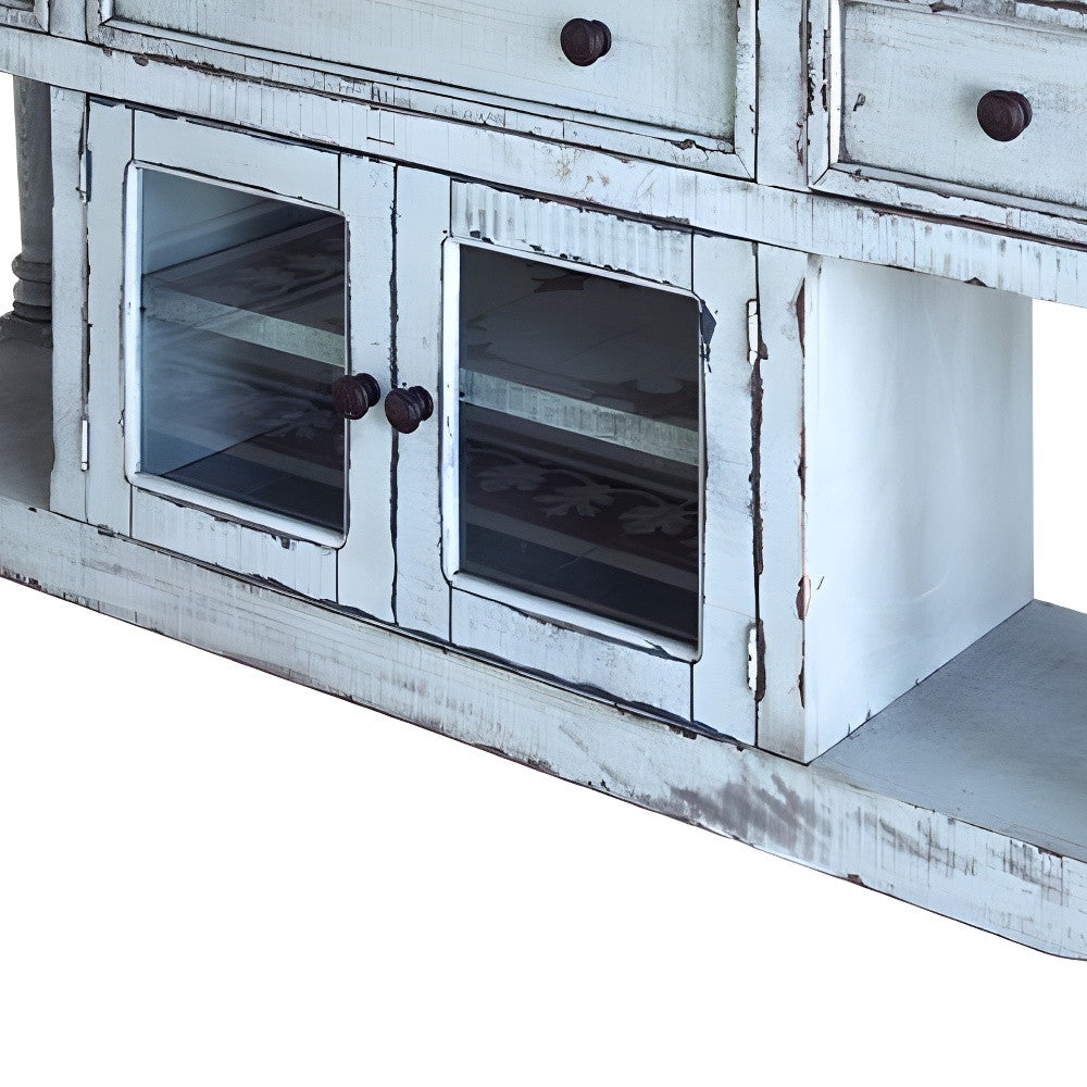 70" Blue Solid Wood Open shelving Distressed TV Stand-5
