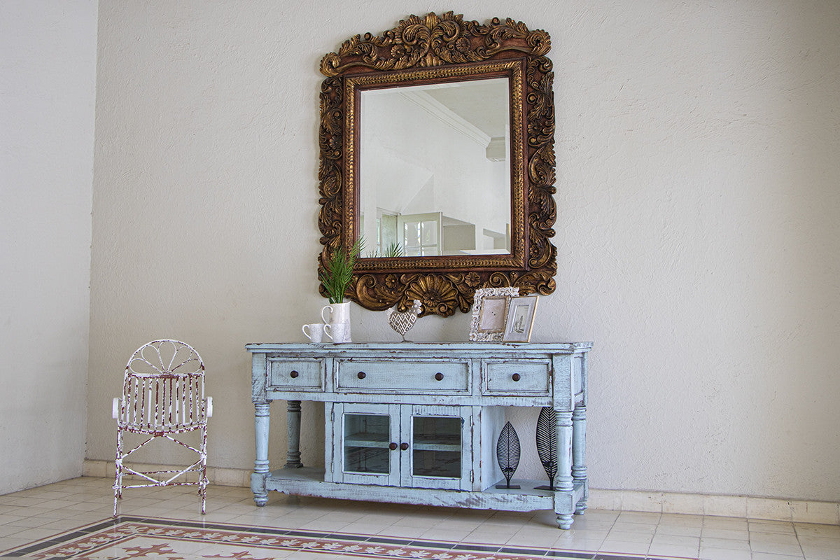 70" Blue Solid Wood Open shelving Distressed TV Stand-6