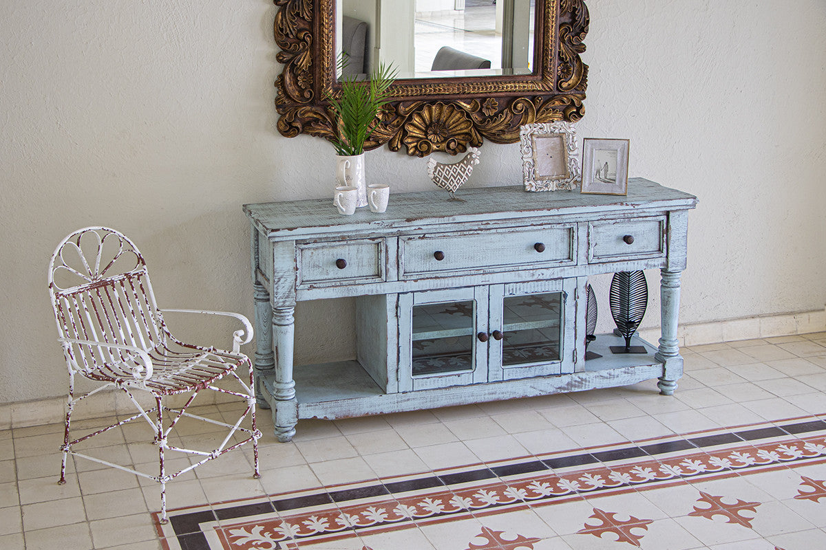 70" Blue Solid Wood Open shelving Distressed TV Stand-8