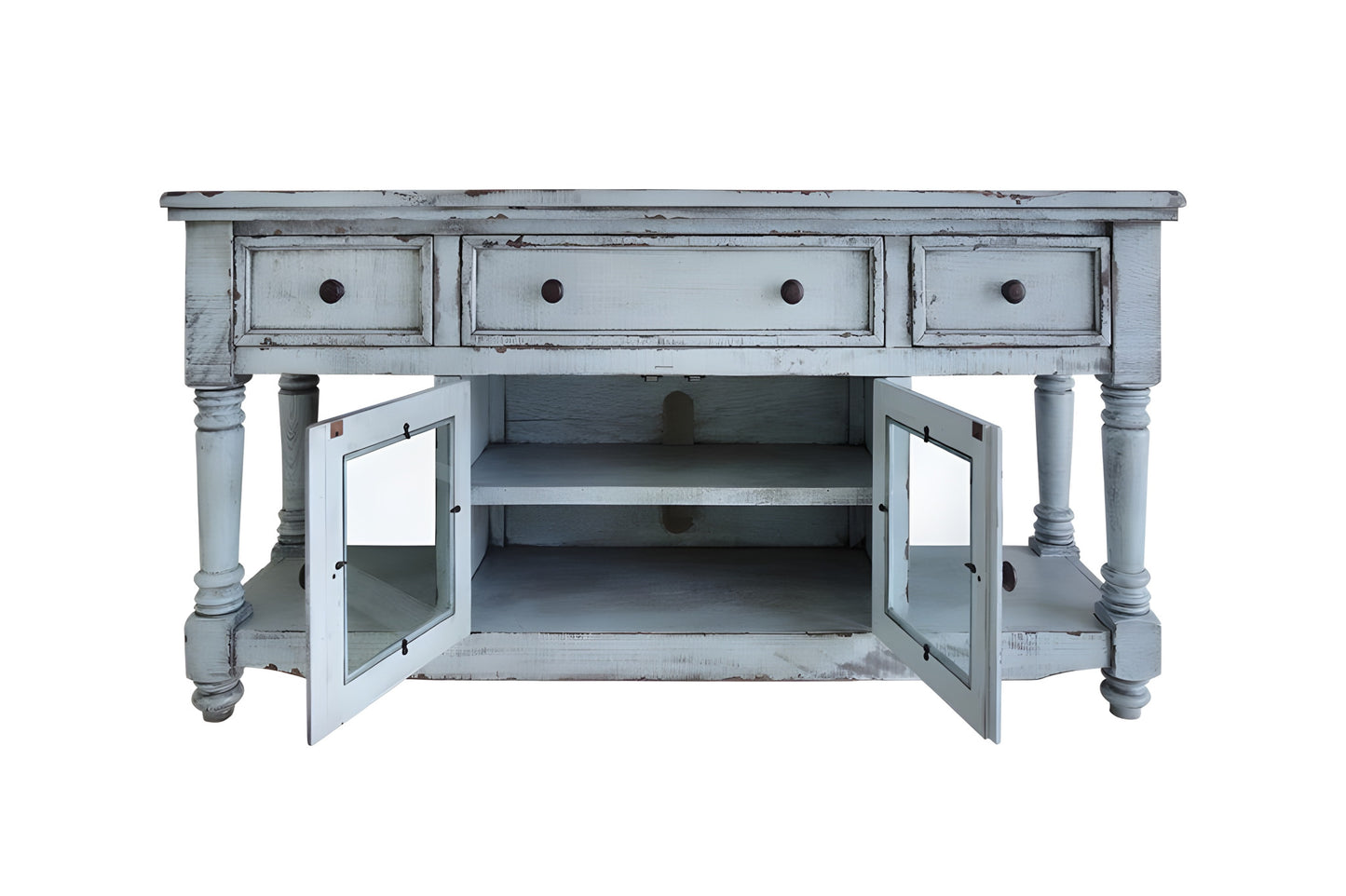 70" Blue Solid Wood Open shelving Distressed TV Stand-4