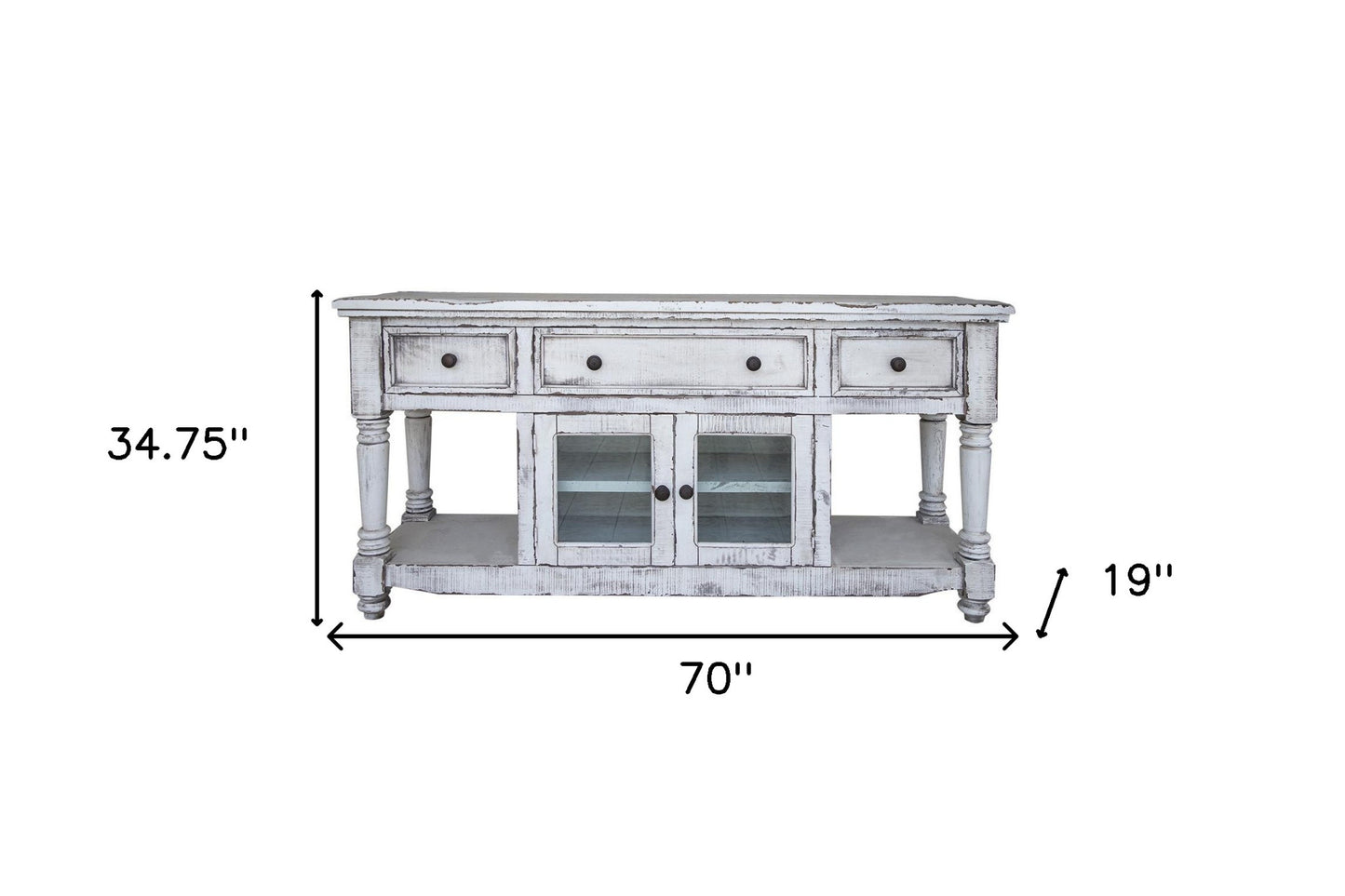 70" White Solid Wood Open shelving Distressed TV Stand-3