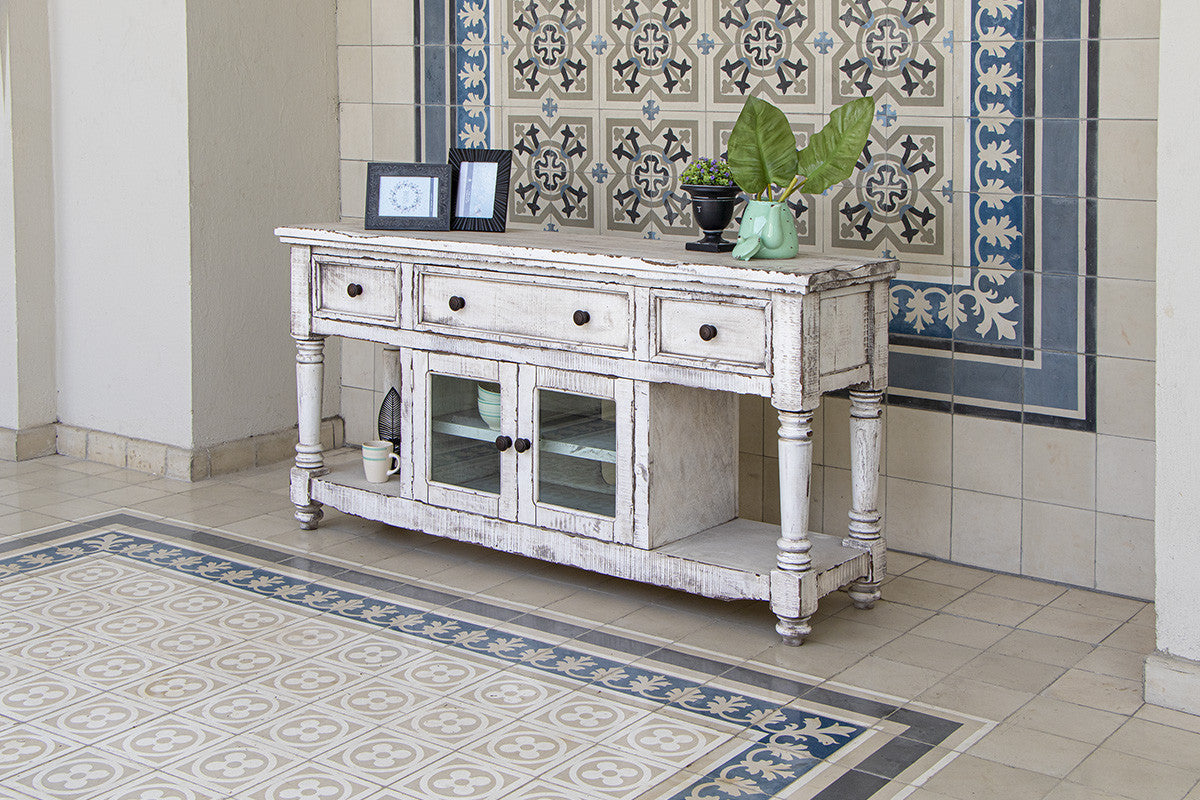 70" White Solid Wood Open shelving Distressed TV Stand-4