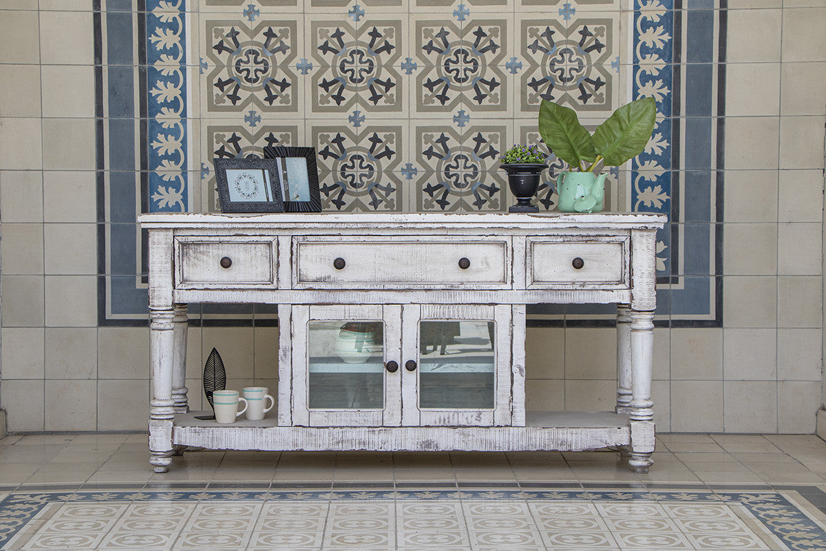 70" White Solid Wood Open shelving Distressed TV Stand-5