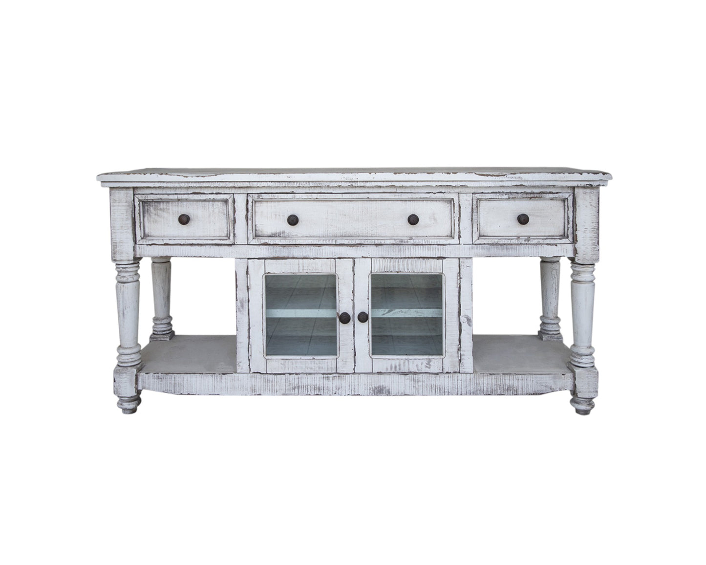 70" White Solid Wood Open shelving Distressed TV Stand-1