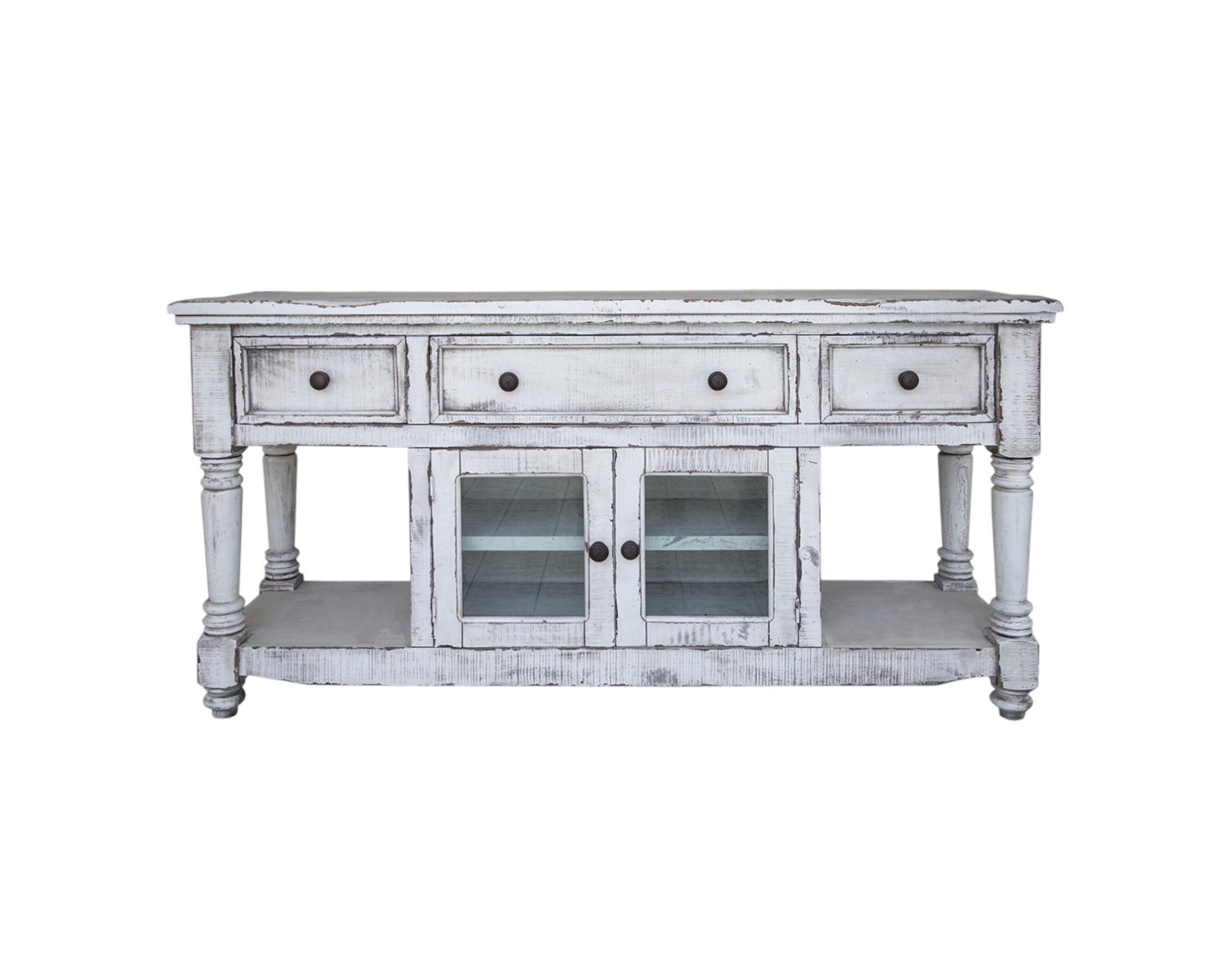 70" White Solid Wood Open shelving Distressed TV Stand-1