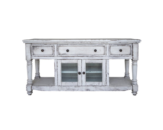 70" White Solid Wood Open shelving Distressed TV Stand-1