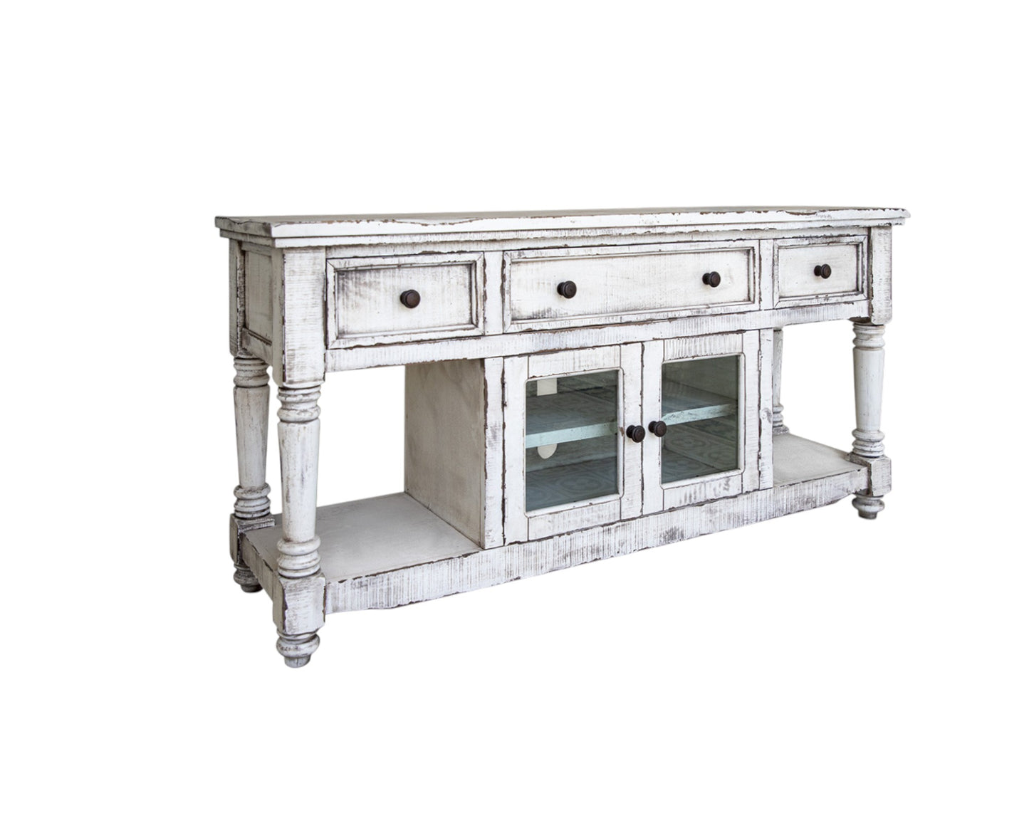 70" White Solid Wood Open shelving Distressed TV Stand-2