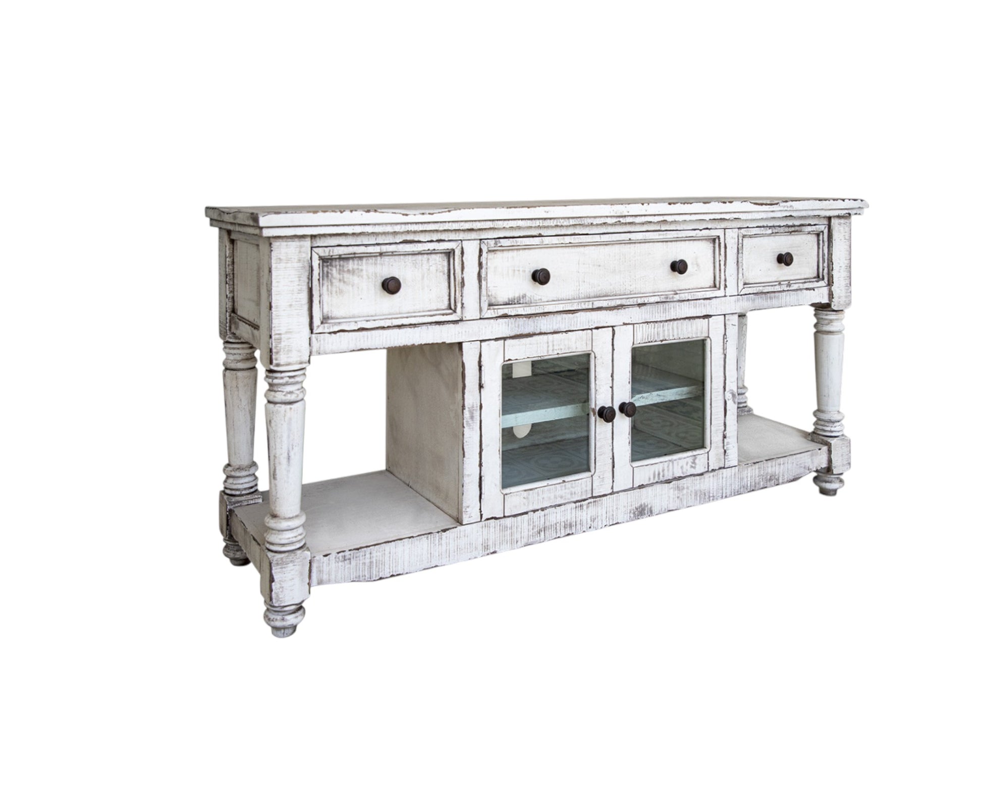 70" White Solid Wood Open shelving Distressed TV Stand-2