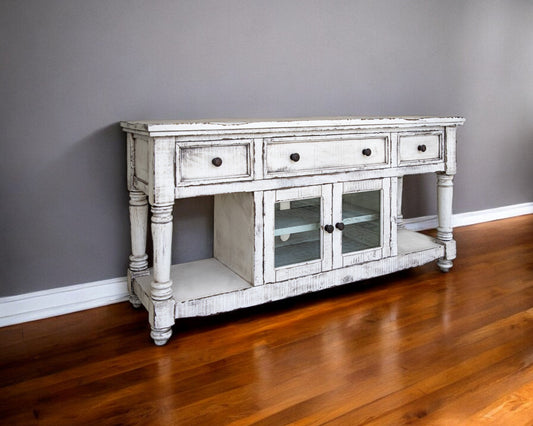 70" White Solid Wood Open shelving Distressed TV Stand-0