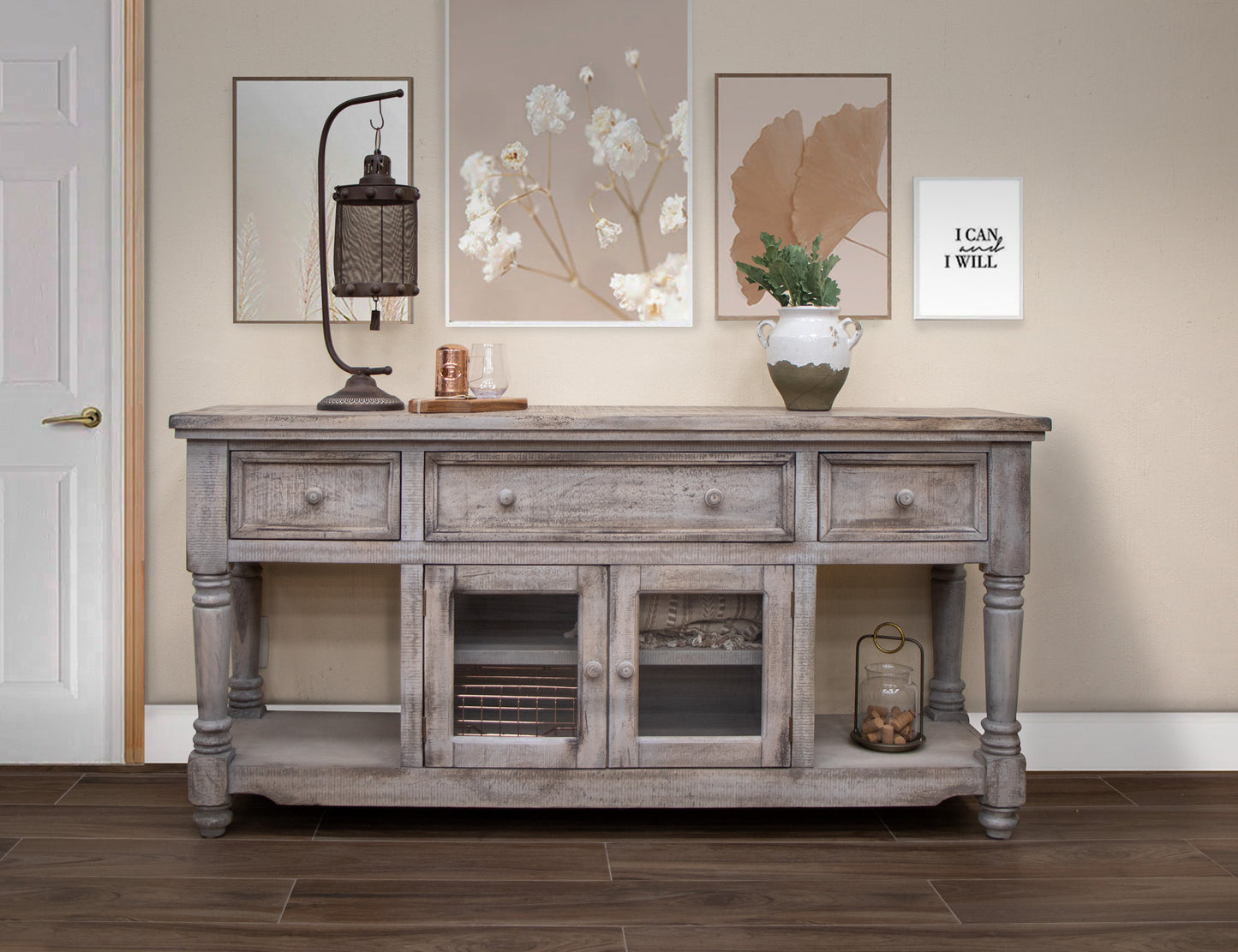 70" Desert Sand Solid Wood Open shelving Distressed TV Stand-3
