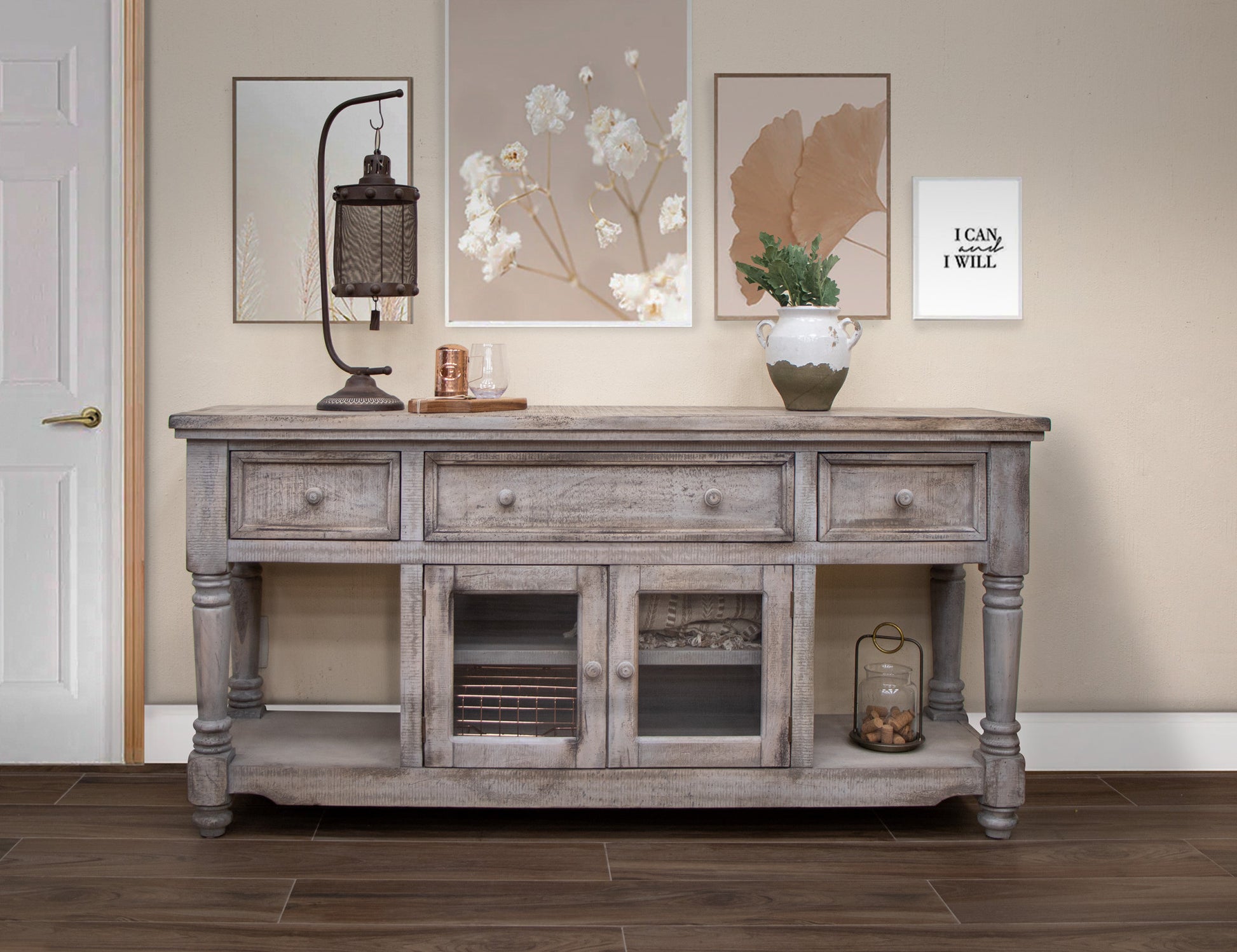 70" Desert Sand Solid Wood Open shelving Distressed TV Stand-3