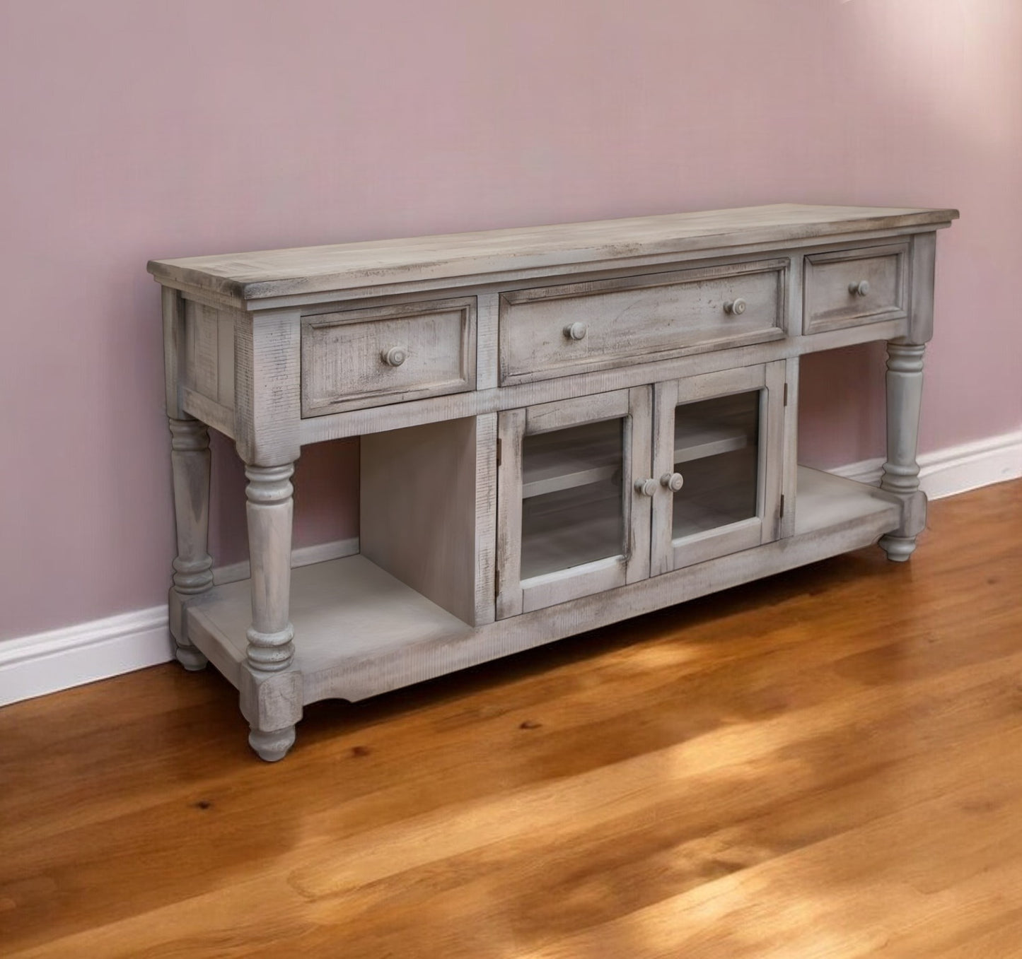 70" Desert Sand Solid Wood Open shelving Distressed TV Stand-0