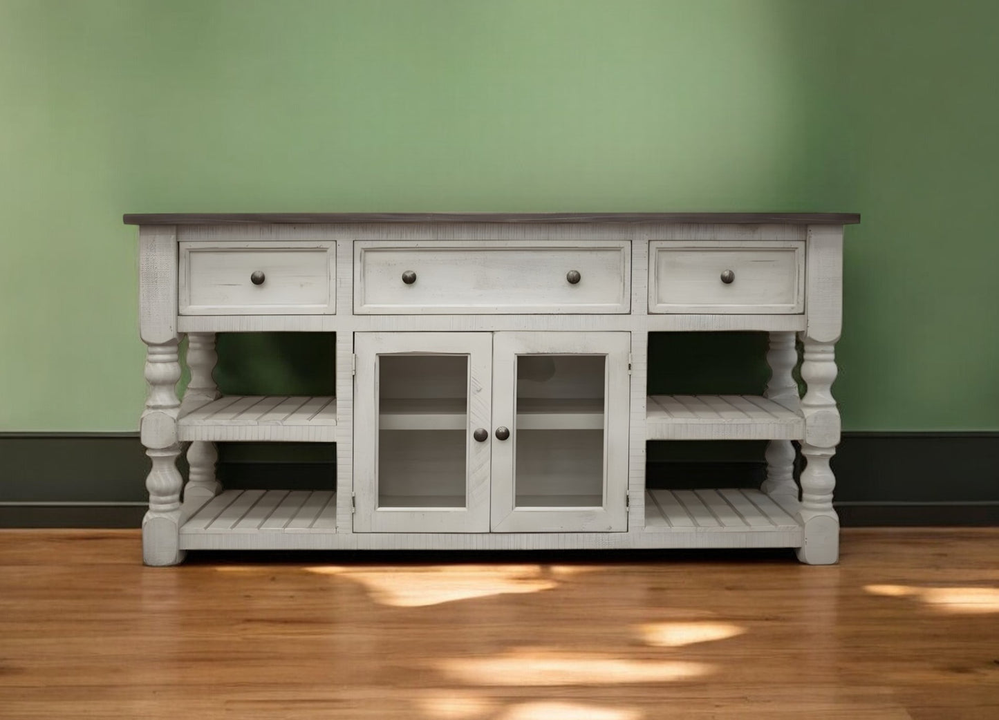 60" Ivory Solid Wood Open shelving Distressed TV Stand-0