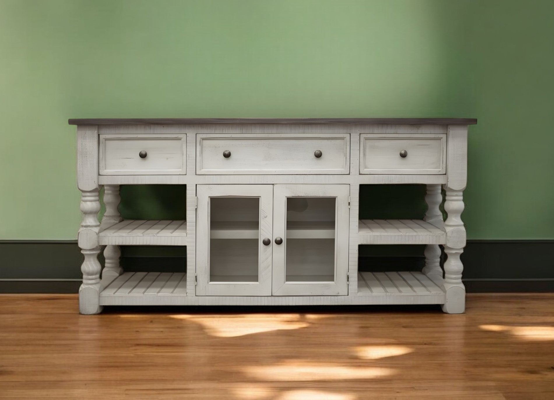 60" Ivory Solid Wood Open shelving Distressed TV Stand-0