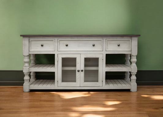 60" Ivory Solid Wood Open shelving Distressed TV Stand-0