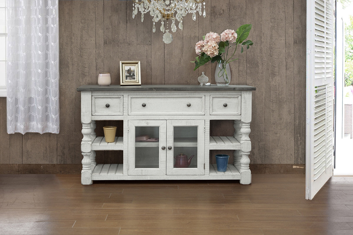 60" Ivory Solid Wood Open shelving Distressed TV Stand-4