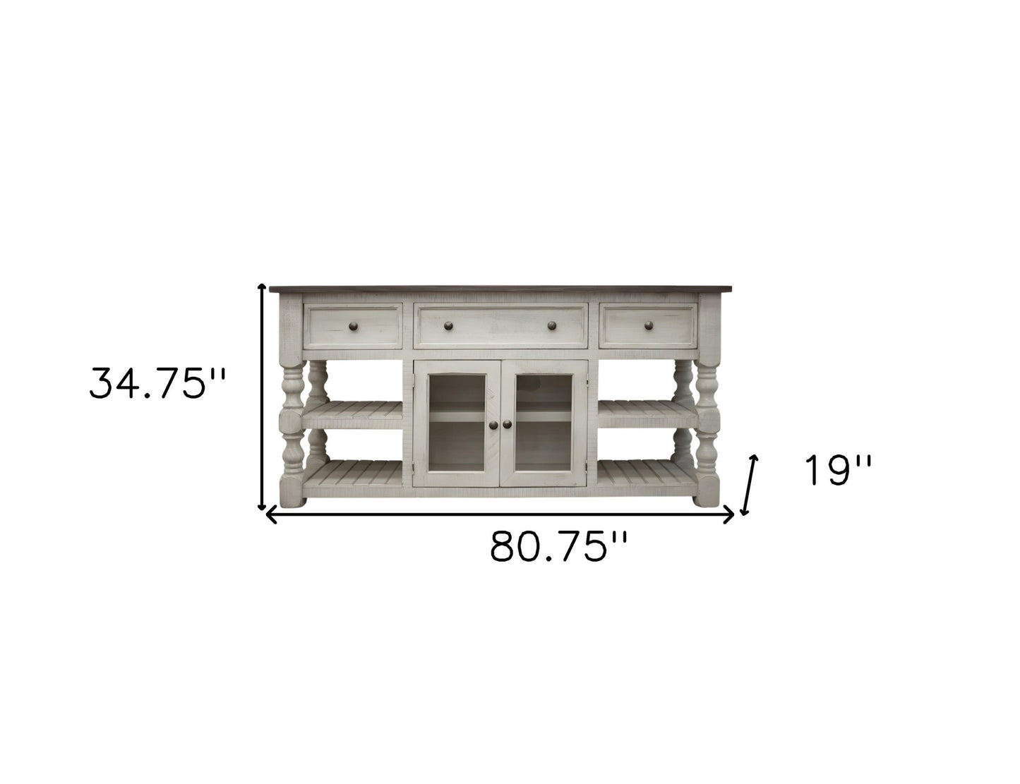 81" Ivory Solid Wood Open shelving Distressed TV Stand-4