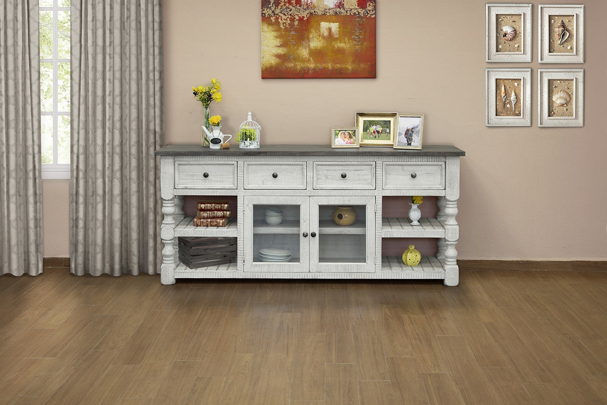 81" Ivory Solid Wood Open shelving Distressed TV Stand-5