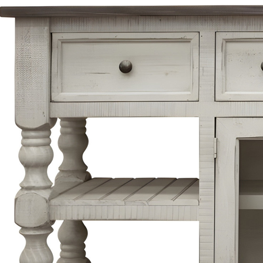 81" Ivory Solid Wood Open shelving Distressed TV Stand-2