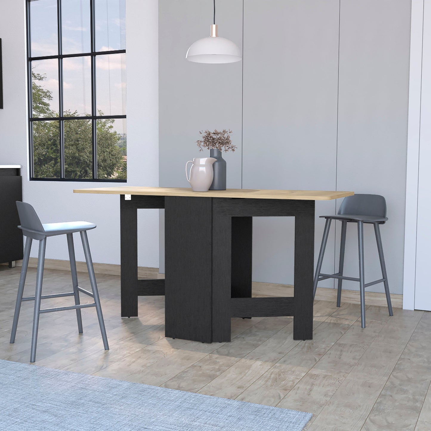 24" Wood Brown And Black Drop Leaf Trestle Base Dining Table-7